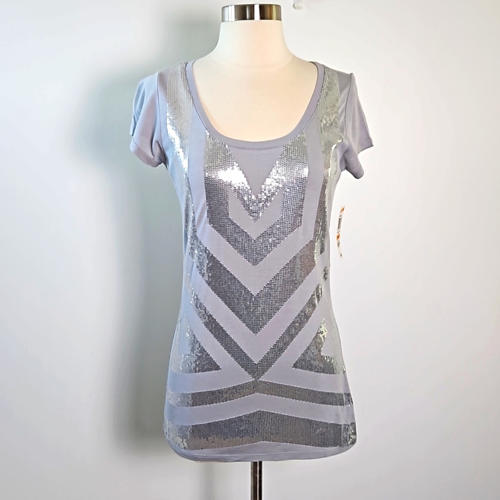 NWT INC Silver Sequined Gray Short Sleeve Tee Shirt Size S
